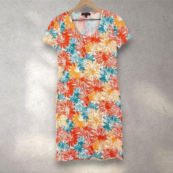 Slinky Brand Dresses & Skirts - Slinky Brand Floral Shift Dress Womens XS Orange Blue White Boho Beach Lagenlook